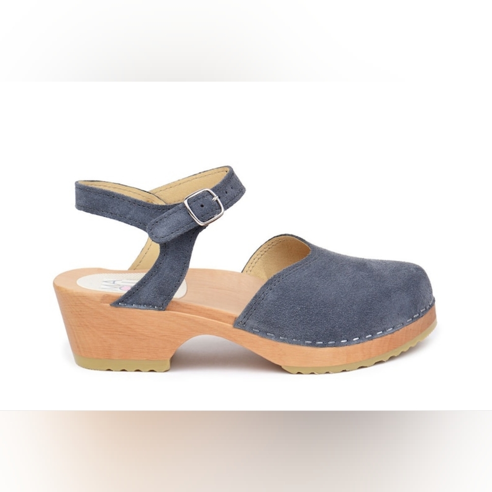 Blue and Gray Wooden Sole Mules